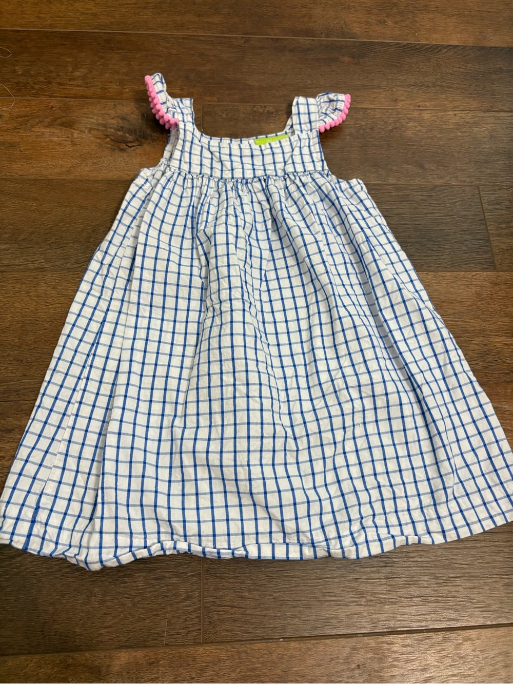 Classic Whimsy 2T Blue White Plaid Dress Pink Pom Pom Ruffle Sleeves 100% Cotton